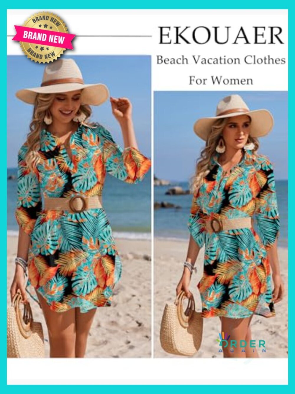 Loose Fit Half Sleeve Beach Cover Up Dress with V-Neck and Side Split - Picture 3 of 7